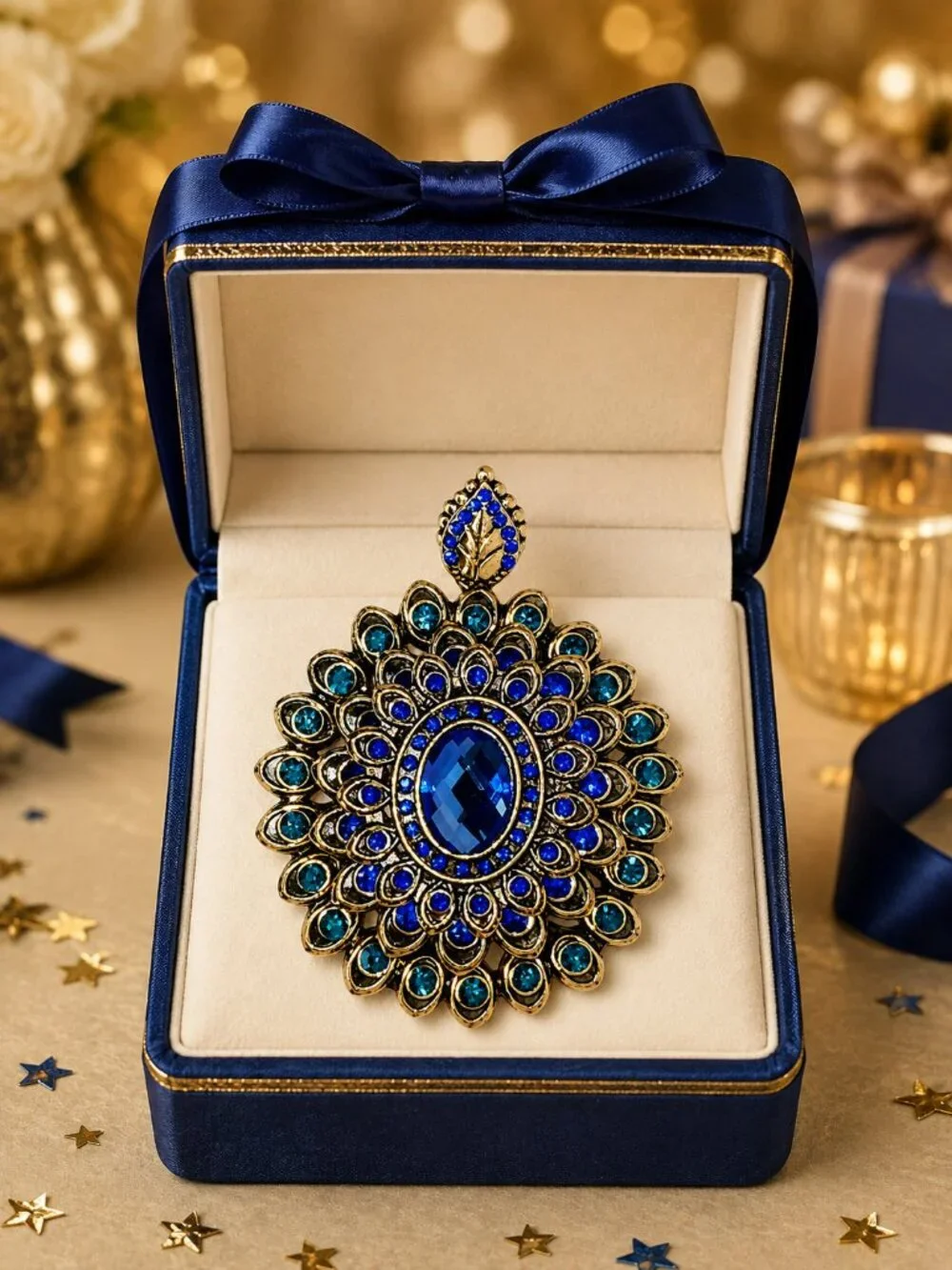Ornate Gold-Tone Blue & Teal Rhinestone Peacock Statement Brooch\Pendant